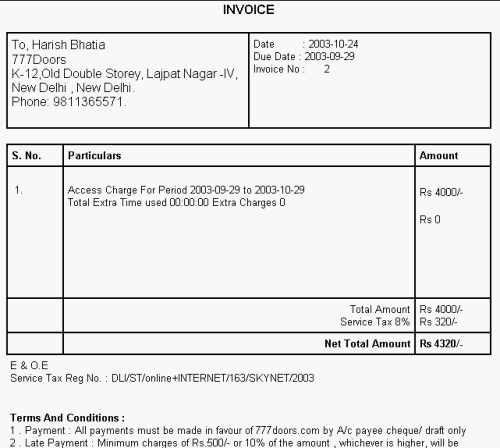 internet bill format